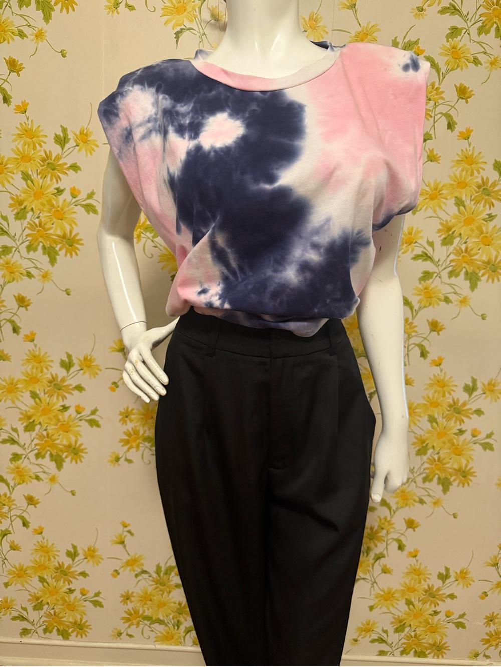NWOT Sans Souci Pink and Navy Tie-Dye Muscle Tee